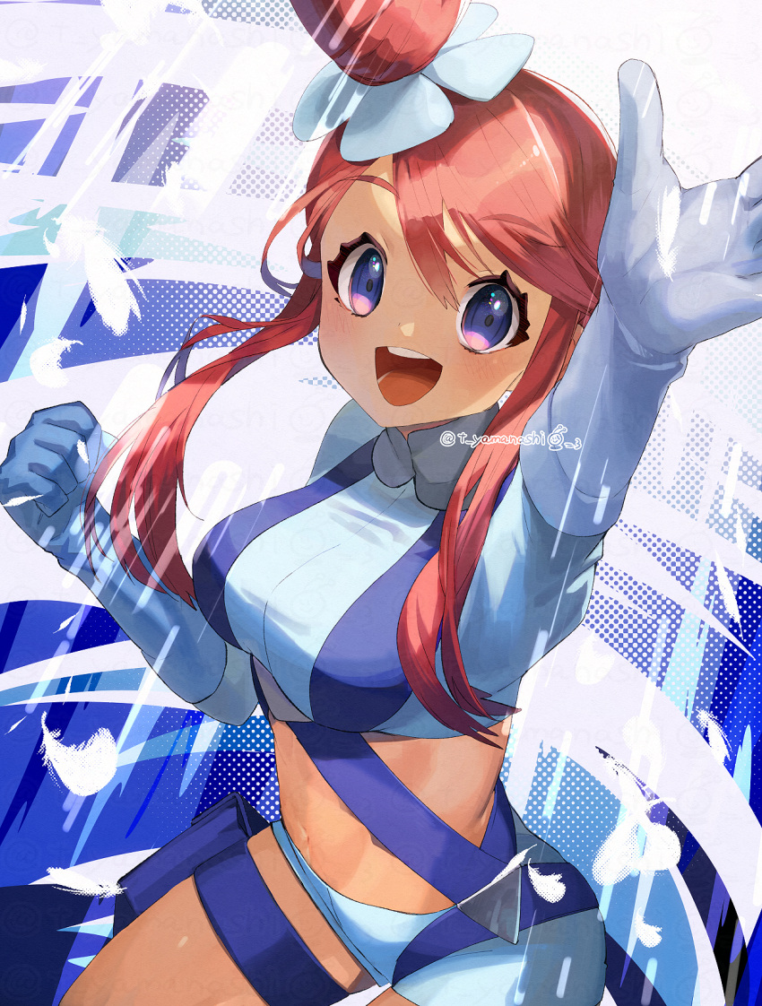 1girl, :d, arm_up, blue_eyes, blue_gloves, blue_jacket, blue_shorts, blush