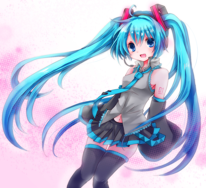 1girl, 2010, ahoge, aqua_eyes, aqua_hair, arm_tattoo, black_skirt, black_thighhighs
