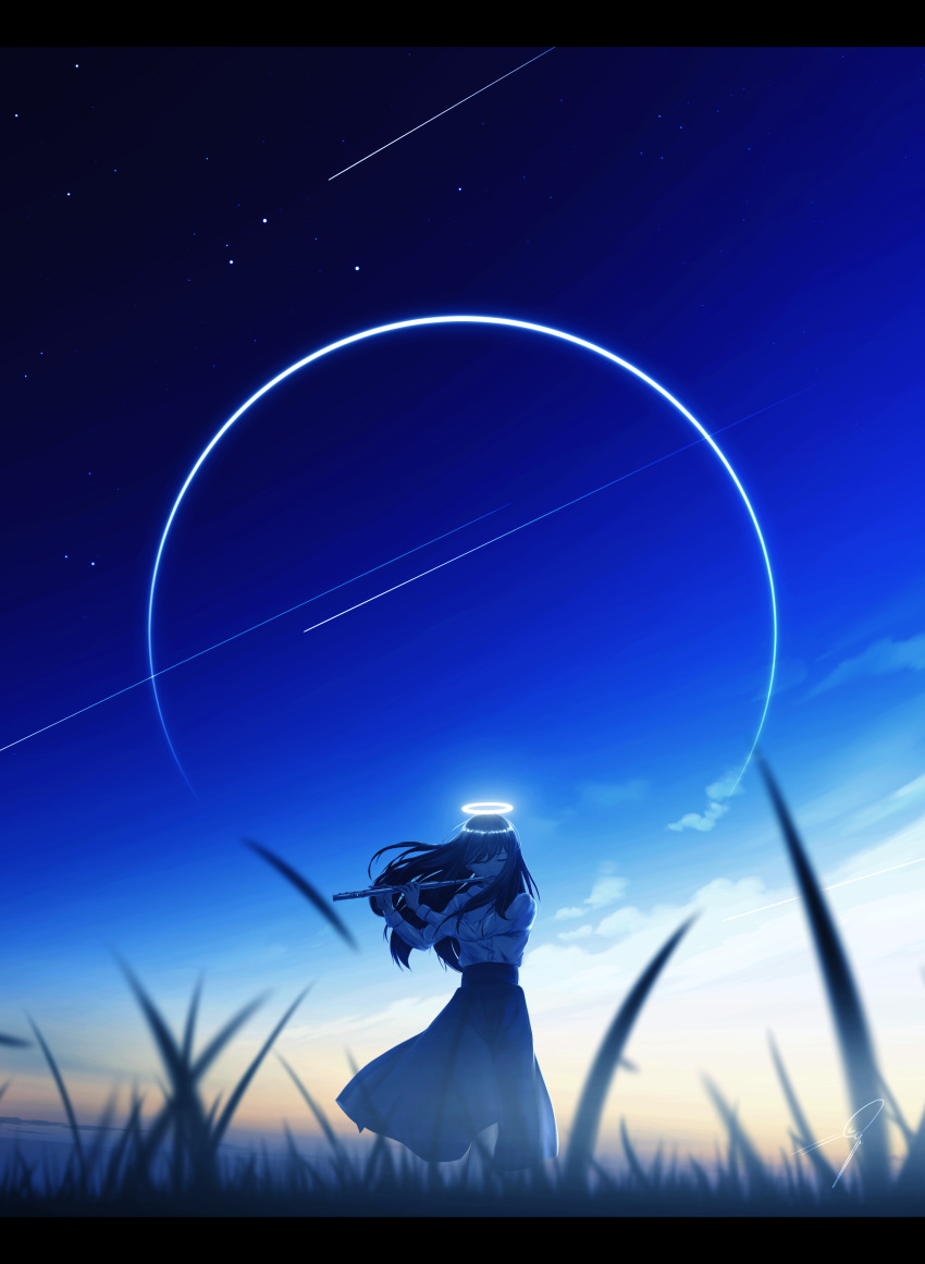 1girl, absurdres, bangs, black_hair, closed_eyes, eyebrows_visible_through_hair, flute, flute_(kidatsu)