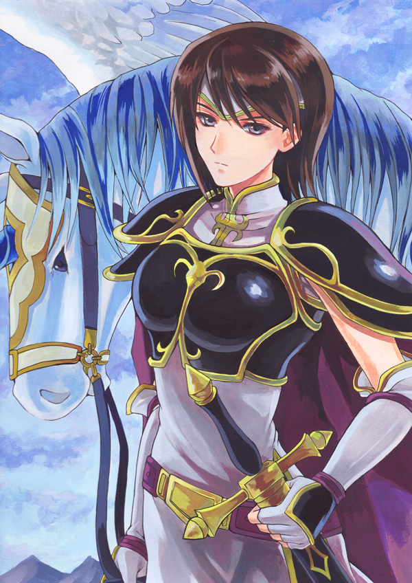 1girl, acrylic_paint_(medium), akr369akr, armor, breastplate, brown_hair, closed_mouth, dress