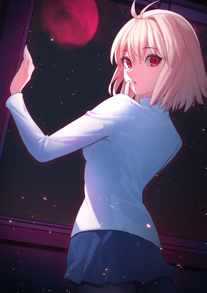 1girl, antenna_hair, arcueid_brunestud, bangs, black_legwear, blonde_hair, blue_skirt, cowboy_shot