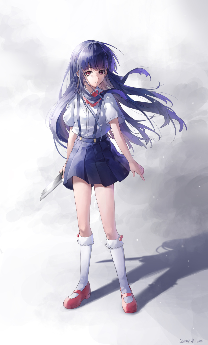 1girl, 2021, absurdres, bangs, blue_hair, blue_skirt, bow, bowtie, coppepan, dated, dress_shirt, eyebrows_visible_through_hair, floating_hair, frilled_legwear, full_body, furude_rika, highres, higurashi_no_naku_koro_ni, holding, holding_knife, kneehighs, knife, long_hair, mary_janes, miniskirt, pink_footwear, pleated_skirt, red_bow, red_neckwear, school_uniform, shiny, shiny_hair, shirt, shoes, short_sleeves, skirt, solo, standing, suspender_skirt, suspenders, very_long_hair, violet_eyes, white_legwear, white_shirt