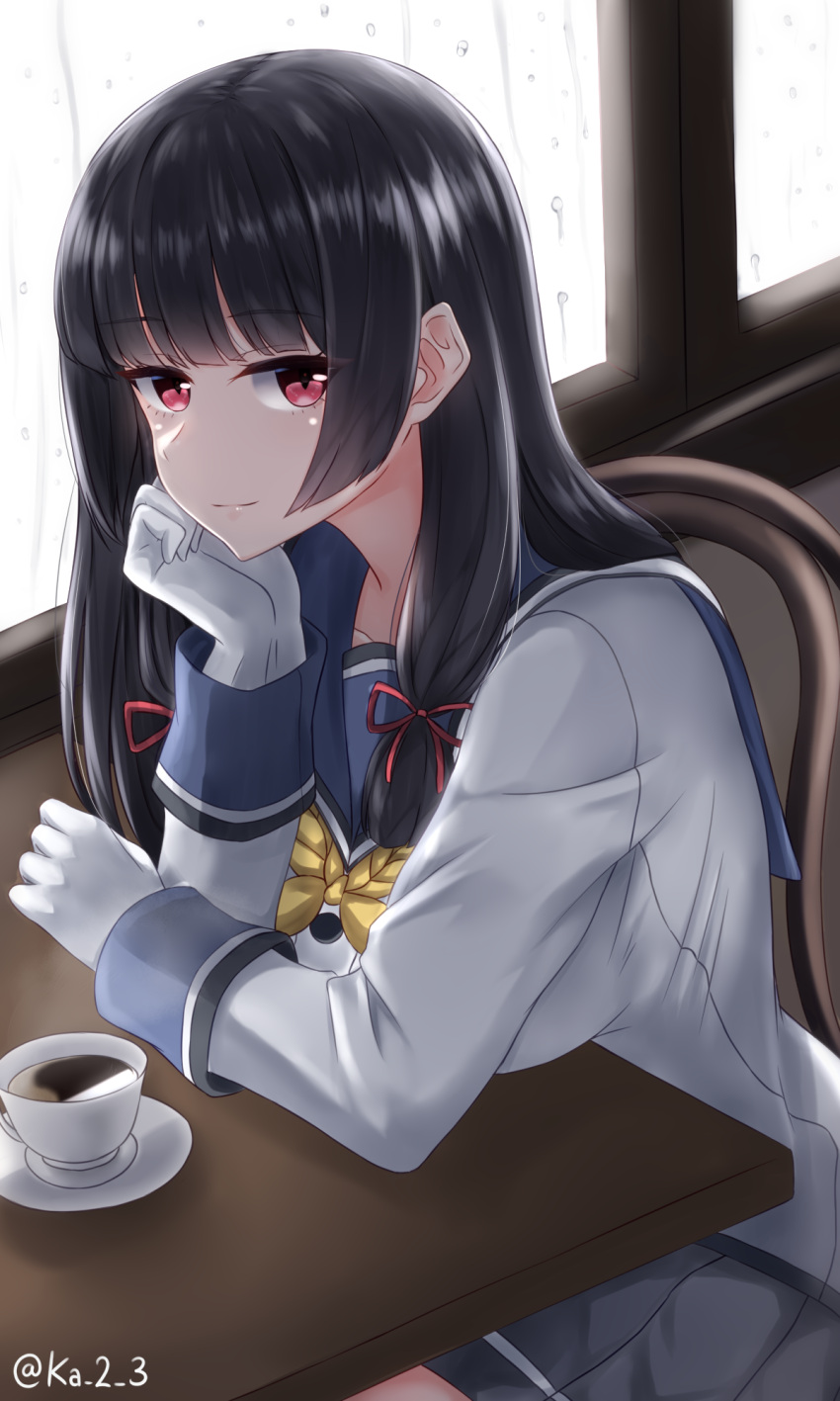 1girl, black_hair, blue_sailor_collar, coffee_cup, cup, disposable_cup, gloves, hair_ribbon