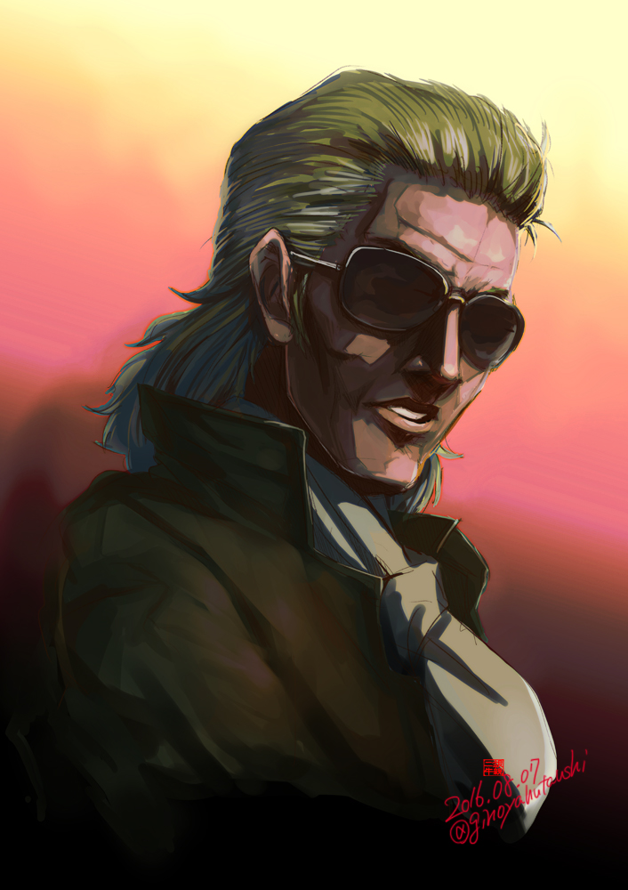 1boy, bangs, blonde_hair, coat, dated, gin'oya, gradient_sky, kazuhira_miller