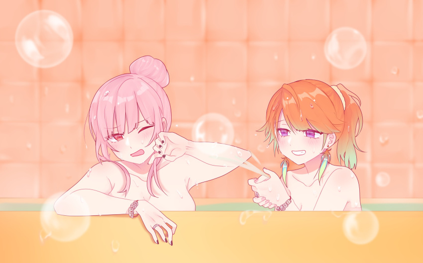 2girls, absurdres, bath, bathing, bathroom, black_nails, blush, bracelet