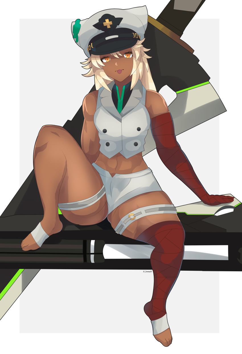 1girl, absurdres, bandaged_arm, bandages, blonde_hair, clover, dark-skinned_female, dark_skin, djames, four-leaf_clover, guilty_gear, guilty_gear_strive, hat, highres, military_hat, ramlethal_valentine, thick_thighs, thighs, yellow_eyes