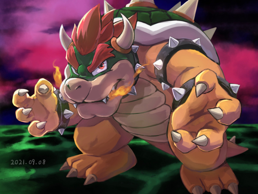 1boy, bowser, bracelet, breathing_fire, claws, closed_mouth, dated, fire