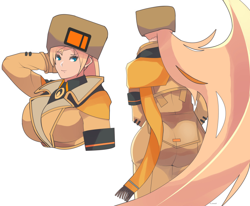 1girl, ass, blonde_hair, blue_eyes, coat, djames, fur_hat, guilty_gear, guilty_gear_strive, hat, highres, long_coat, long_hair, millia_rage, portrait, scarf, ushanka