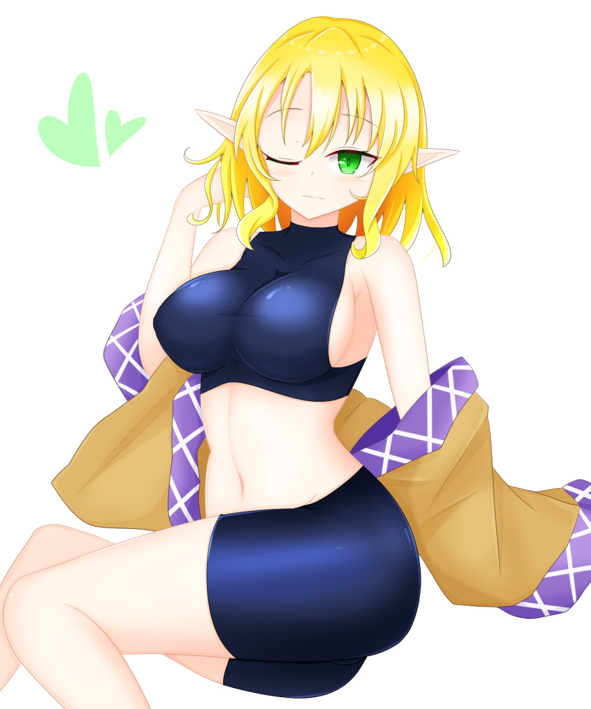 bangs, black_bra, black_shorts, blonde_hair, bra, breasts, brown_jacket, clothes_removed