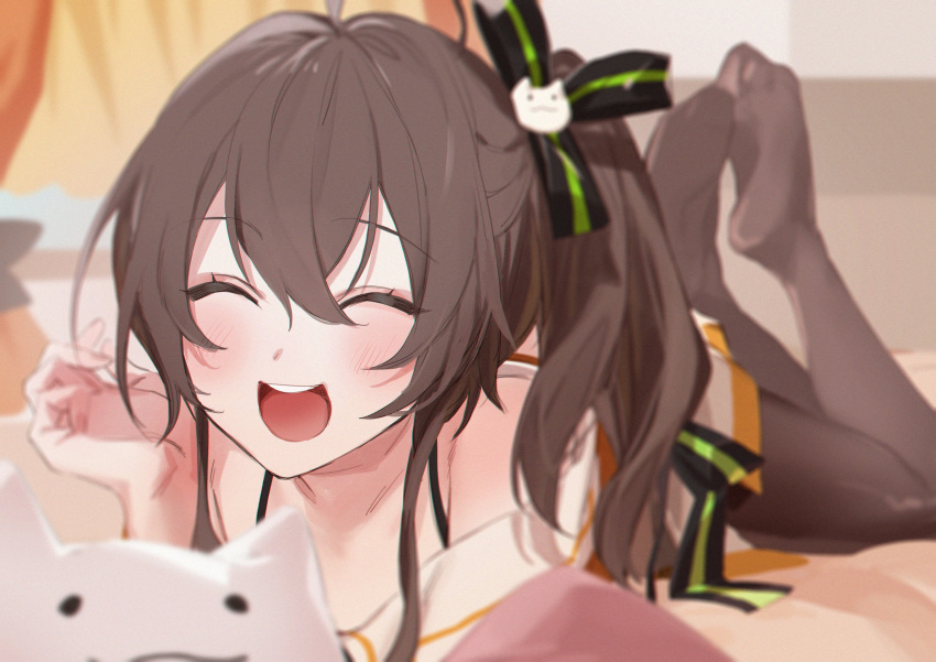 1girl, 2jexxx2684, :d, =_=, absurdres, ahoge, bangs, bed, black_legwear, black_ribbon, brown_hair, cat_hair_ornament, hair_between_eyes, hair_ornament, hair_ribbon, halterneck, highres, hololive, jacket, legs_up, lying, miniskirt, natsuiro_matsuri, on_stomach, open_mouth, orange_jacket, pantyhose, ribbon, short_hair, side_ponytail, skirt, smile, spaghetti_strap, upper_teeth, virtual_youtuber, white_skirt