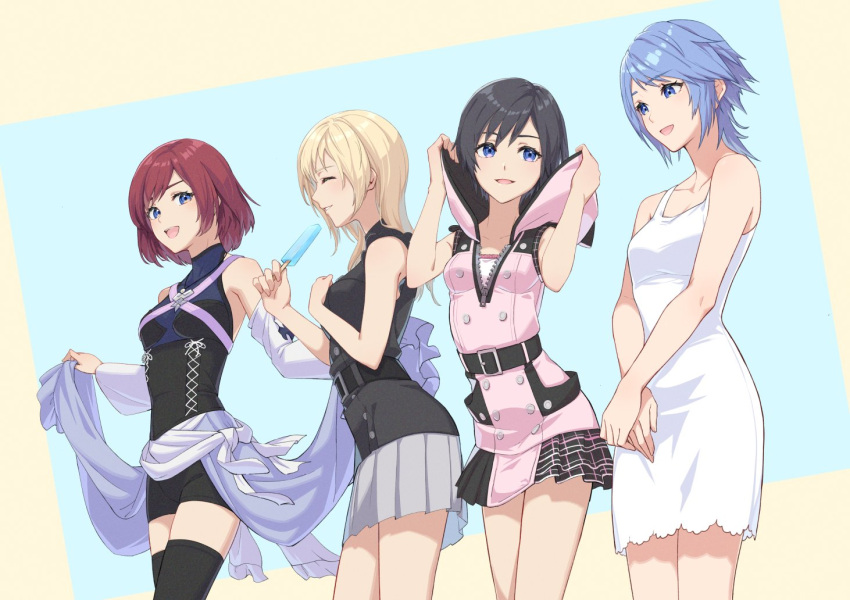 4girls, aqua_(kingdom_hearts), belt, black_hair, blonde_hair, blue_eyes, blue_hair, cosplay, costume_switch, cross-laced_clothes, detached_sleeves, dress, food, gogo_(detteiu_de), hood, hoodie, kairi_(kingdom_hearts), kingdom_hearts, kingdom_hearts_iii, looking_at_another, multiple_girls, namine, open_mouth, pleated_skirt, popsicle, redhead, sash, short_dress, short_hair, short_shorts, shorts, skirt, sleeveless, sleeveless_dress, smile, thigh-highs, white_dress, xion_(kingdom_hearts), zipper, zipper_pull_tab