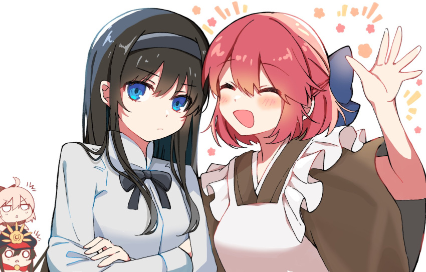 4girls, ^_^, apron, bangs, black_hair, black_hairband, black_neckwear, black_ribbon