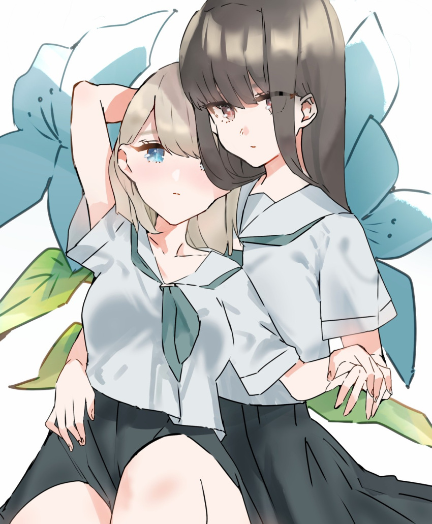 2girls, aqua_neckwear, black_skirt, blue_eyes, blue_flower, brown_eyes, brown_hair, closed_mouth