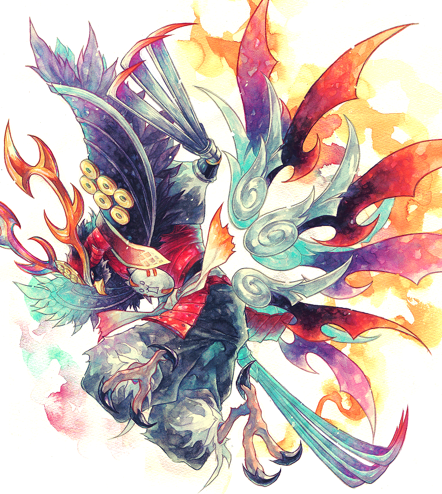 1boy, armor, bird_boy, claw_(weapon), detached_wings, helmet, japanese_armor, kabuto