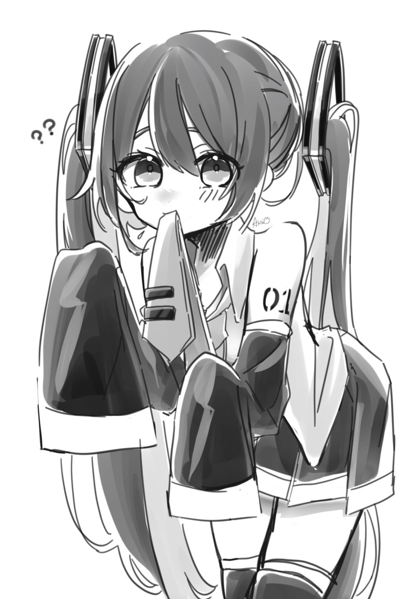 1girl, ?, ??, akita_aaa, bare_shoulders, black_sleeves, commentary, cowboy_shot, detached_sleeves, greyscale, hair_ornament, hatsune_miku, highres, leaning_forward, long_hair, looking_at_viewer, miniskirt, monochrome, mouth_hold, necktie, necktie_in_mouth, pleated_skirt, shirt, shoulder_tattoo, sketch, skirt, sleeveless, sleeveless_shirt, sleeves_past_fingers, sleeves_past_wrists, solo, tattoo, thigh-highs, twintails, very_long_hair, vocaloid, white_background, zettai_ryouiki
