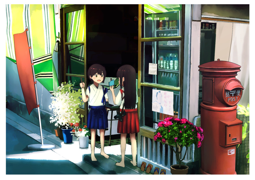 2girls, akagi_(kancolle), arm_at_side, bangs, blue_hakama, blue_ribbon, border, camellia, commentary_request, curtains, facing_viewer, flag, flower, flower_pot, food, freezer, from_behind, geta, hair_down, hakama, hakama_skirt, highres, holding, holding_food, japanese_clothes, kaga_(kancolle), kantai_collection, leaf, light_blush, long_hair, looking_at_another, multiple_girls, no_shoes, open_mouth, pole, popsicle_stick, postbox_(outgoing_mail), red_hakama, red_ribbon, refrigerator, reppuu_(kancolle), ribbon, shop, side_ponytail, sidelocks, skirt, talking, timmyyen, yellow_eyes, younger