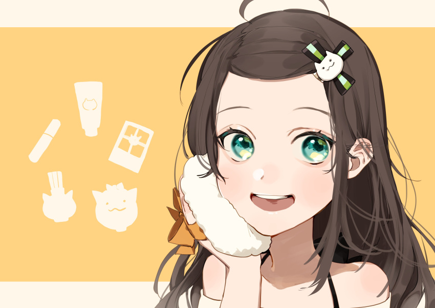 2jexxx2684, :d, absurdres, ahoge, aqua_eyes, bare_shoulders, black_ribbon, brown_hair, cat_hair_ornament, forehead, hair_ornament, hair_ribbon, hairclip, highres, hololive, long_hair, looking_to_the_side, natsuiro_matsuri, open_mouth, powder_puff, ribbon, simple_background, smile, spaghetti_strap, upper_teeth, virtual_youtuber