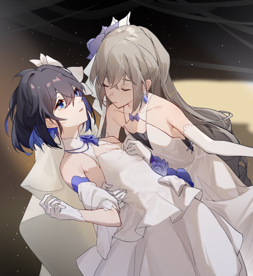 2girls, absurdres, black_hair, blue_eyes, blue_hair, bronya_zaychik, chinese_commentary, closed_eyes