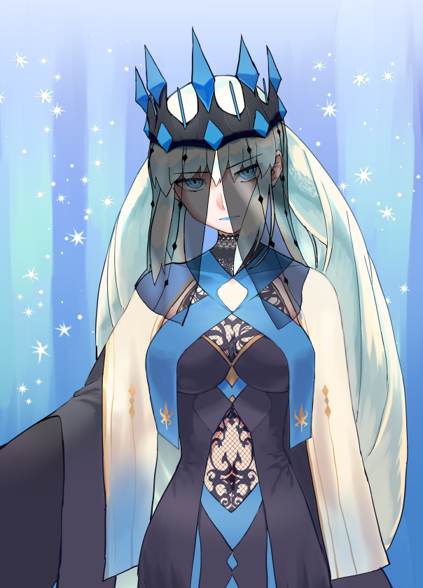 1girl, alternate_costume, bangs, black_crown, black_dress, black_veil, blue_eyes, blue_lips