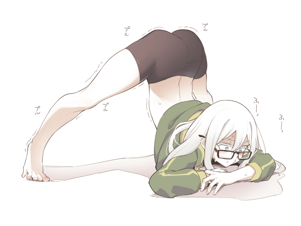1girl, ass, asutora, asutora-chan, bangs, bare_legs, barefoot, bike_shorts