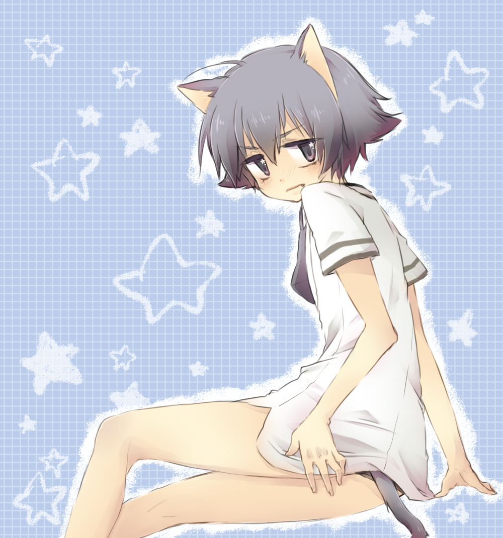 animal_ears, bad_id, baka_to_test_to_shoukanjuu, bare_legs, cat_ears, cat_tail, fang, iwashita_(nukopo)