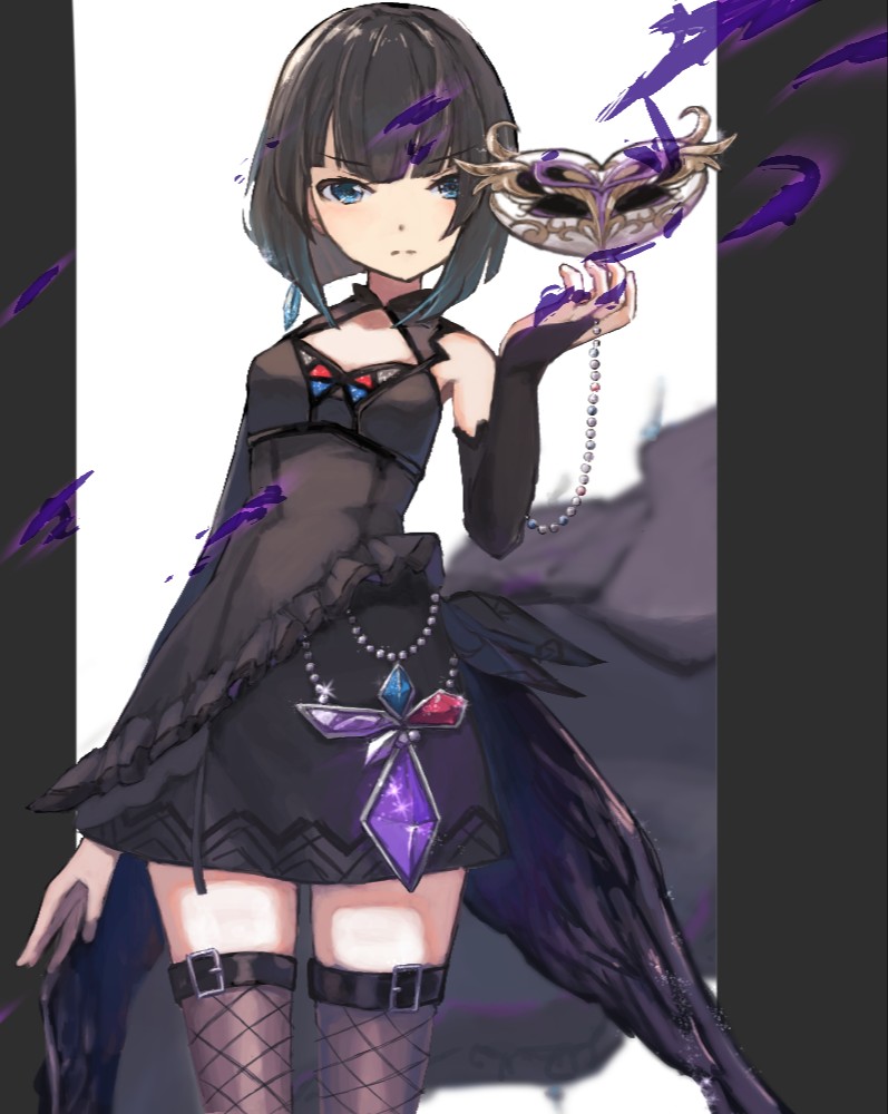 1girl, bangs, black_hair, black_skirt, blue_eyes, carnival_mask, detached_sleeves, eyebrows_visible_through_hair