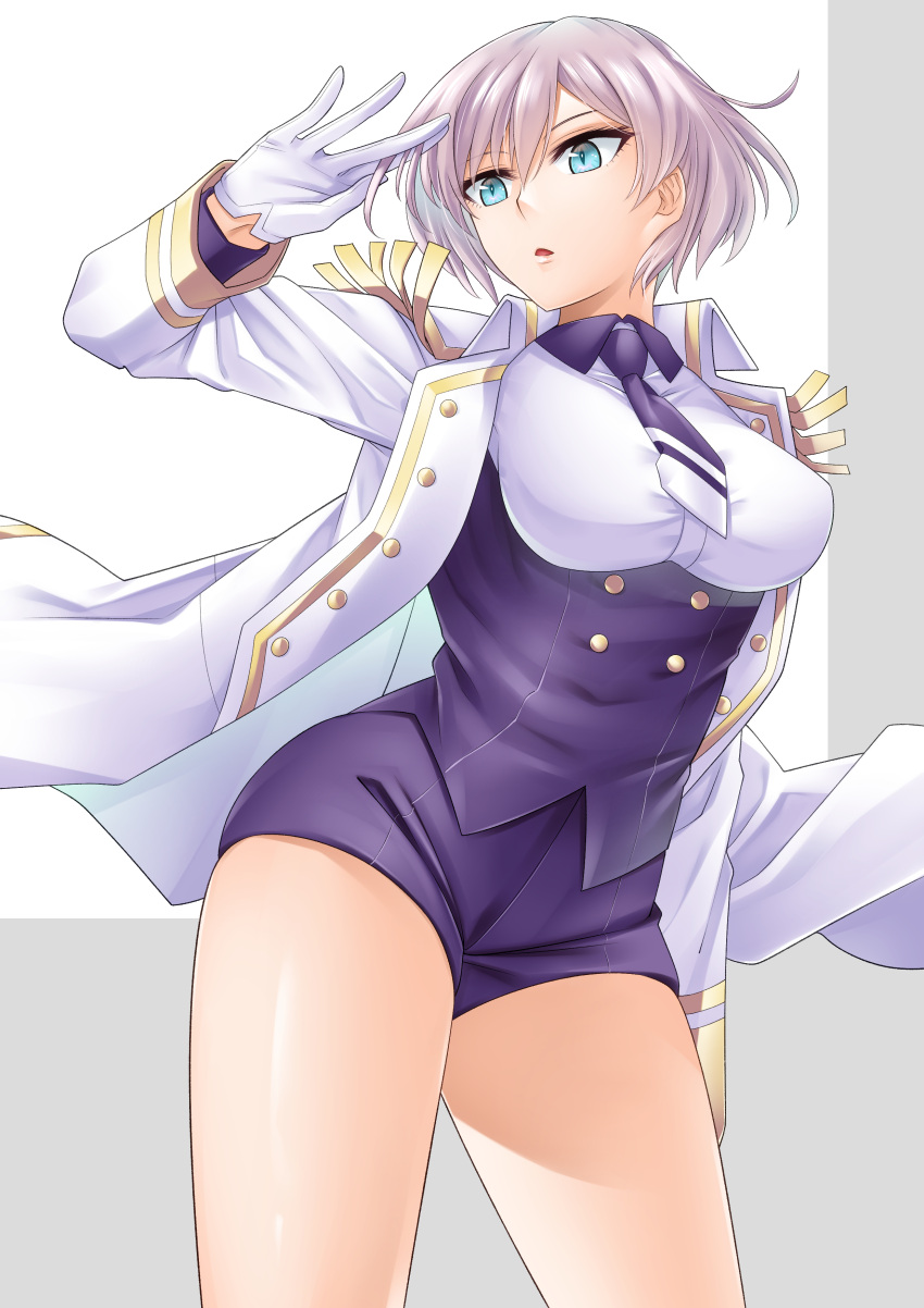 1girl, absurdres, blue_eyes, breasts, gloves, gold_trim, gridman_universe, hand_up, highres, jacket, large_breasts, long_sleeves, mujina, necktie, purple_neckwear, short_hair, shorts, simple_background, solo, ssss.dynazenon, standing, thighs, uniform, white_jacket, wreath_(lit)