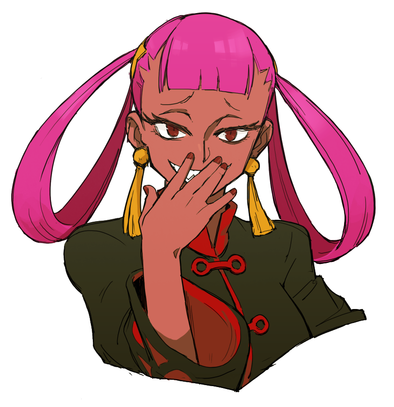 1girl, bangs, blunt_bangs, commentary, earrings, eyelashes, gokotan, grin, hair_rings, hand_up, jacket, jewelry, long_hair, nail_polish, pink_hair, pokemon, pokemon_(game), pokemon_masters_ex, punk_girl_(pokemon), raised_eyebrows, red_eyes, red_nails, sharp_teeth, smile, solo, teeth
