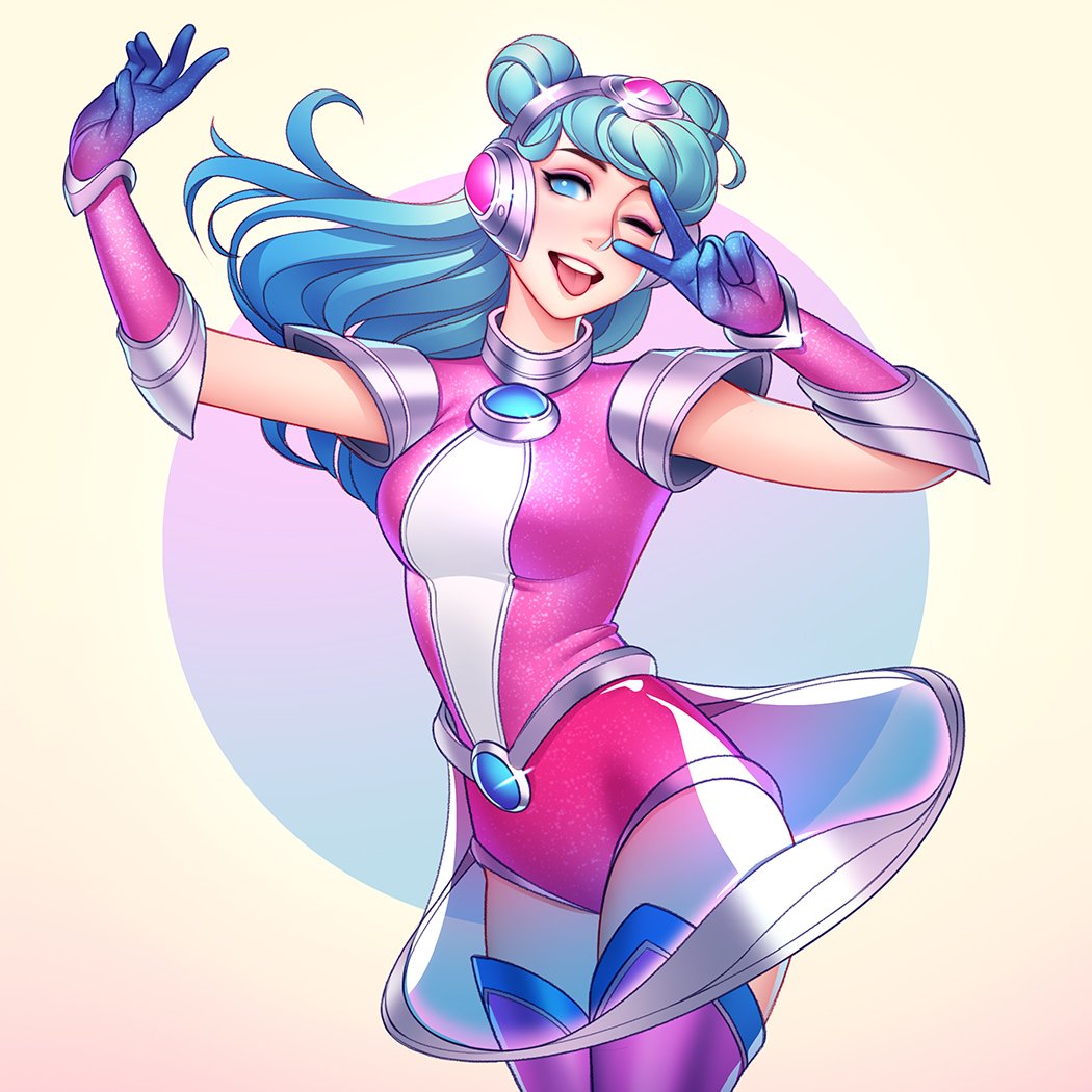 1girl, arm_up, armor, bangs, blue_background, blue_gloves, blue_hair, boots