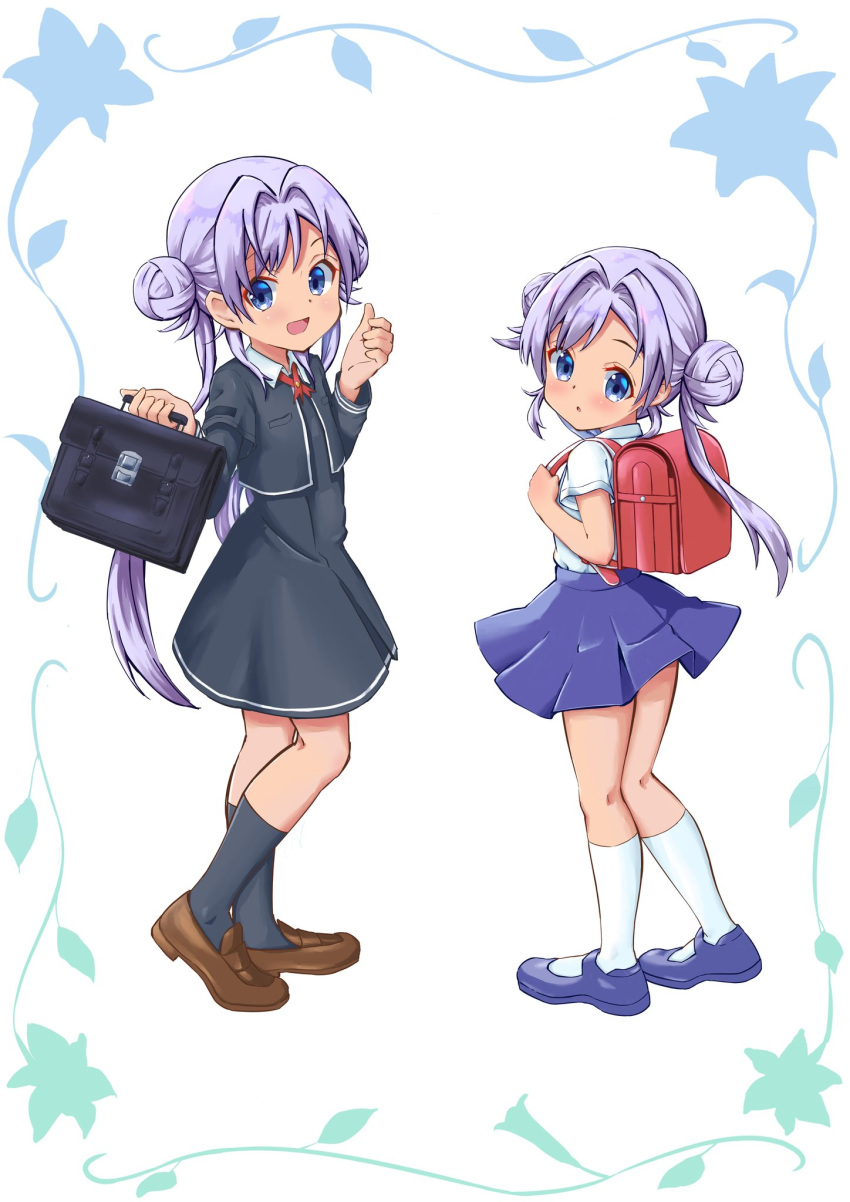 2girls, arms_up, backpack, bag, black_dress, black_jacket, black_legwear, blue_eyes