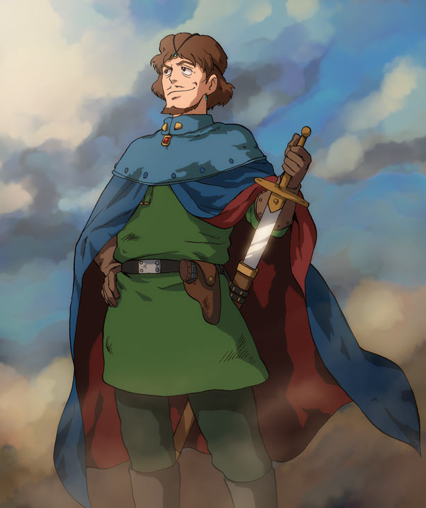 beard, belt, boots, cape, circlet, dust, facial_hair, ghibli