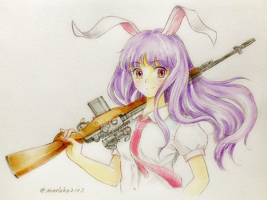 1girl, animal_ears, closed_mouth, collared_shirt, colored_pencil_(medium), commentary_request, eyebrows_visible_through_hair, gun, highres, holding, holding_gun, holding_weapon, long_hair, looking_at_viewer, necktie, over_shoulder, puffy_short_sleeves, puffy_sleeves, purple_hair, q-bee_(aaru), rabbit_ears, red_eyes, red_neckwear, reisen_udongein_inaba, rifle, shirt, short_sleeves, smile, sniper_rifle, solo, touhou, traditional_media, twitter_username, upper_body, weapon, weapon_over_shoulder, white_shirt, wind