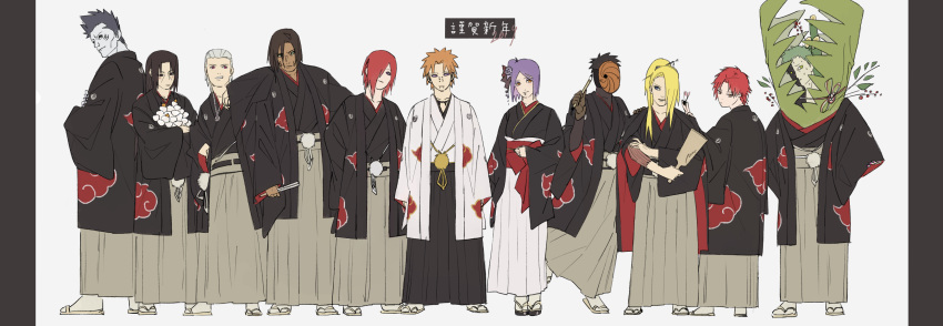 2019, akatsuki_(naruto), bamboo, black_hair, blonde_hair, blue_hair, deidara_(naruto), grey_hair