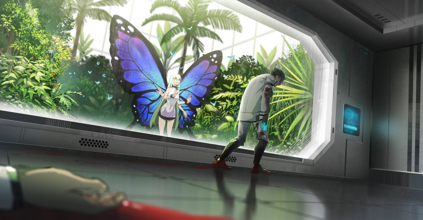 1boy, 1girl, arthropod_girl, black_shorts, blood, blue_butterfly, blurry, blurry_foreground