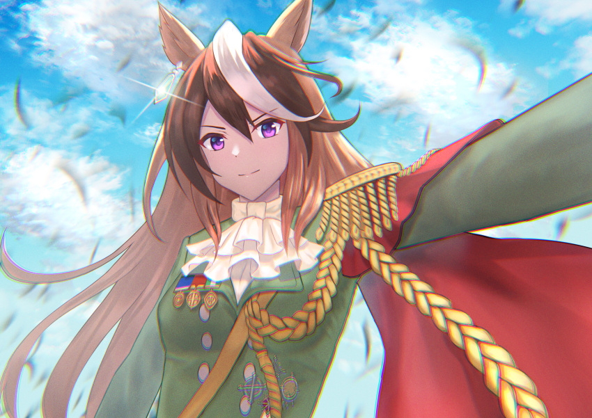 1girl, animal_ears, answering, blue_sky, breasts, brown_hair, cape, clouds