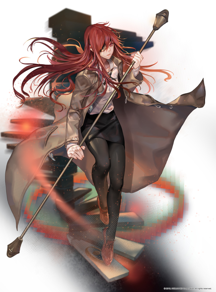 1girl, black_legwear, black_skirt, breasts, brown_coat, closed_mouth, coat, eyepatch