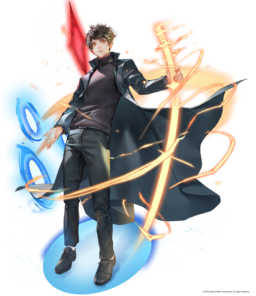 1boy, black_coat, black_footwear, black_hair, black_pants, black_shirt, brown_eyes, coat