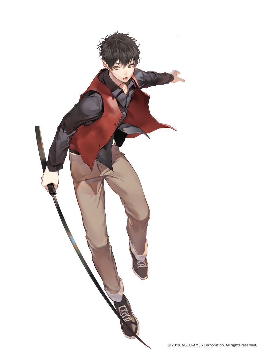 1boy, absurdres, black_footwear, black_hair, black_shirt, brown_eyes, brown_pants, highres