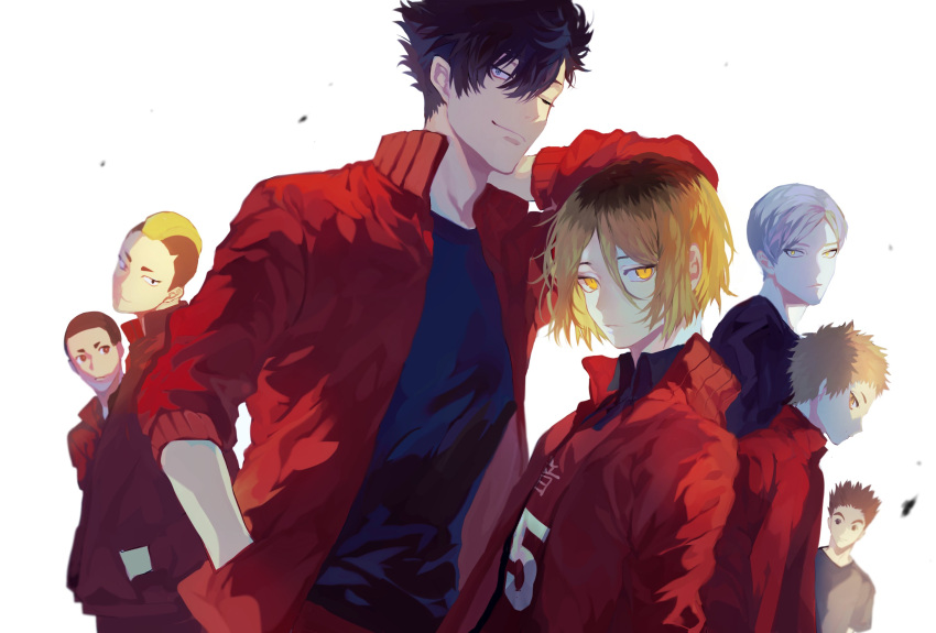 6+boys, arm_behind_head, arm_up, black_hair, blonde_hair, brown_hair, eyebrows, grey_hair
