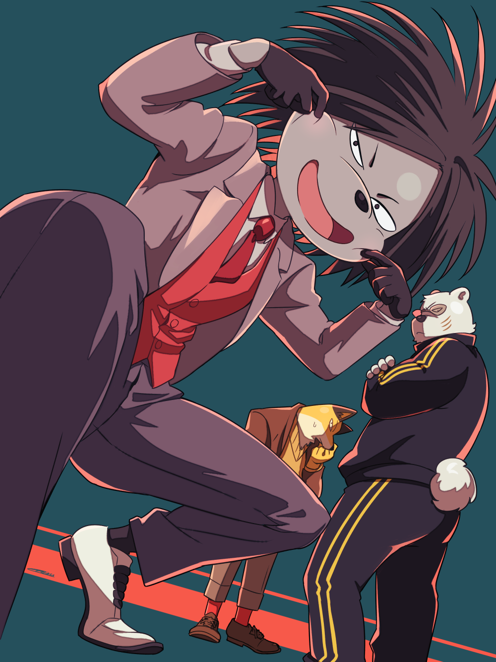 3boys, :d, animal, bear, black_eyes, black_gloves, black_hair, black_pants, blue_background, brown_jacket, cheek_pinching, crossed_arms, enkadesukedo, fox, furry, furry_male, gloves, hands_up, highres, jacket, looking_at_viewer, male_focus, multiple_boys, odd_taxi, open_mouth, pants, pinching, polar_bear, red_neckwear, red_vest, scar, scar_on_face, sekiguchi_(odd_taxi), smile, standing, sweatdrop, sweater, track_suit, vest, white_footwear, yamamoto_fuyuki, yano_(odd_taxi)