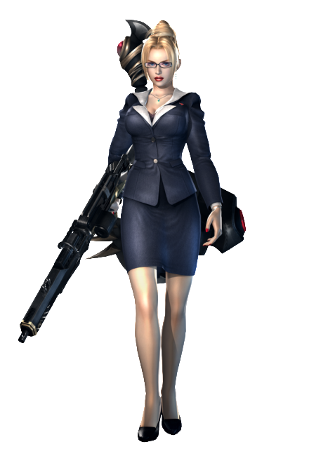 3d, alternate_costume, blonde_hair, blue_eyes, cleavage, earrings, glasses, gun