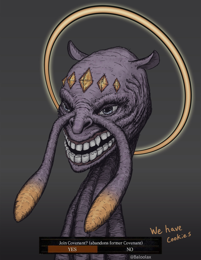 baloolax, blue_eyes, dark_souls_(series), dark_souls_i, darkstalker_kaathe, english_commentary, english_text, fusion