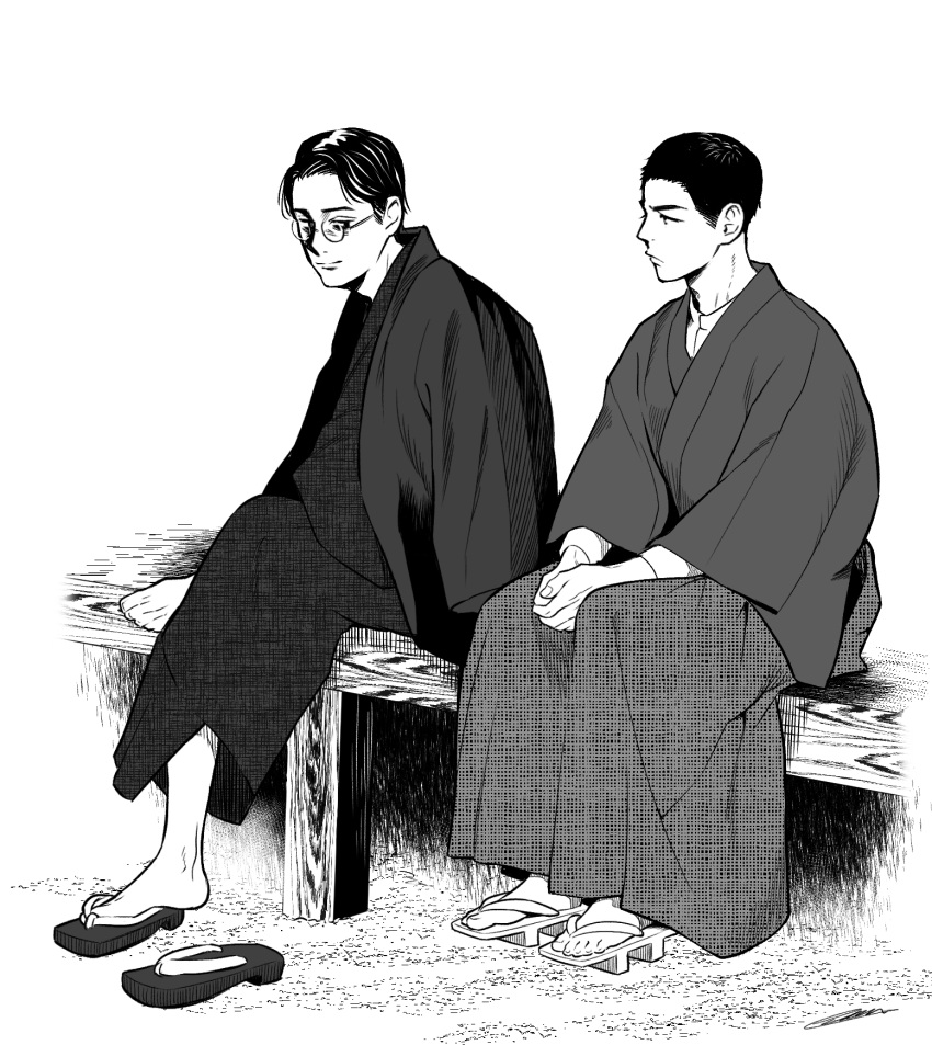 2boys, black_hair, black_kimono, check_commentary, commentary_request, enkadesukedo, geta, glasses