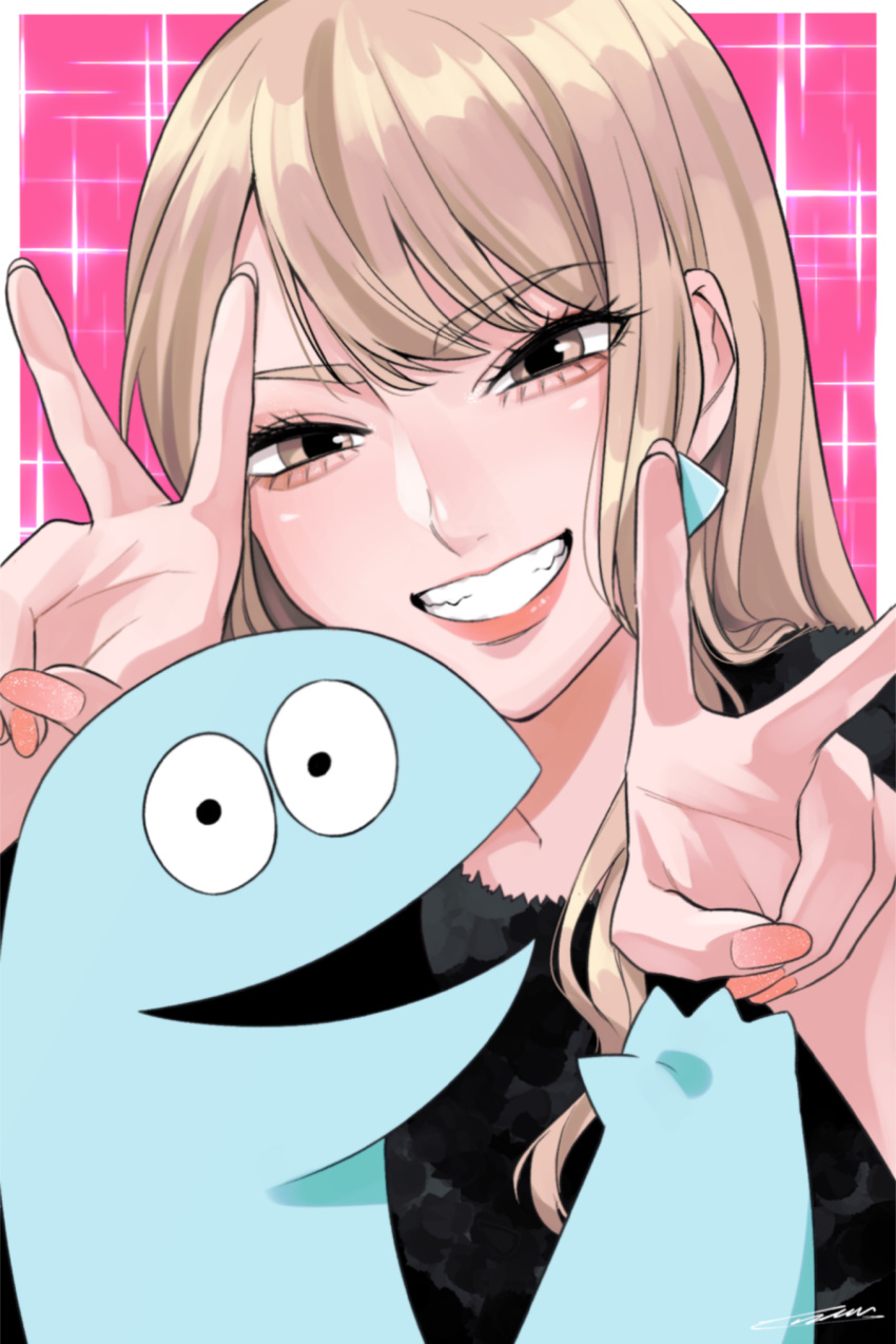 1girl, artist_name, dinosaur_(gal_to_kyouryuu), earrings, enkadesukedo, gal_to_kyouryuu, grin, gyaru