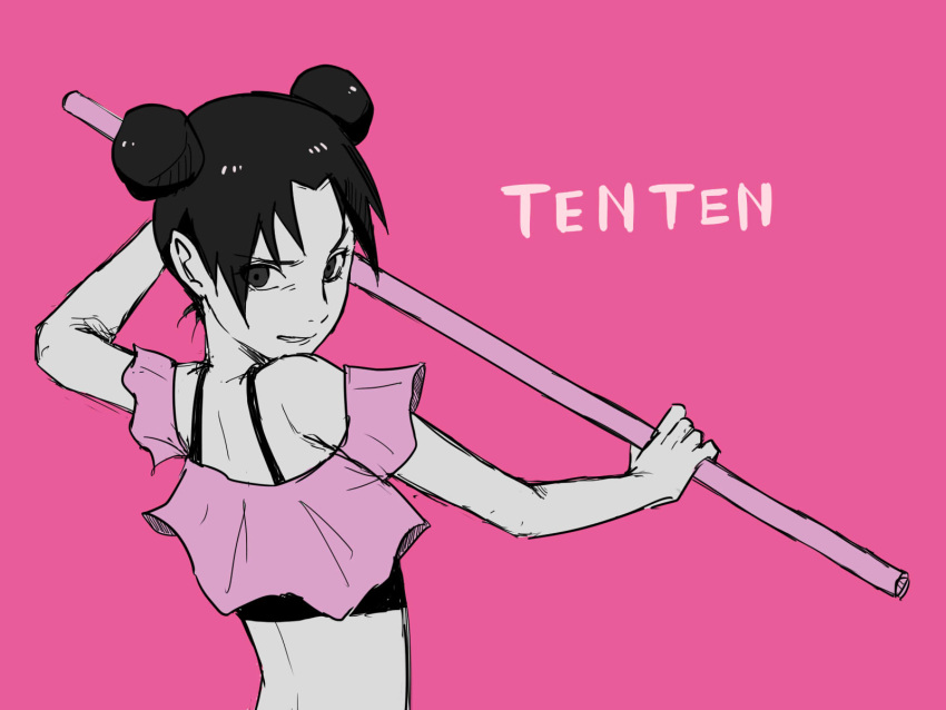 1girl, bare_shoulders, black_eyes, black_hair, character_name, double_bun, frilled_shirt_collar, frills