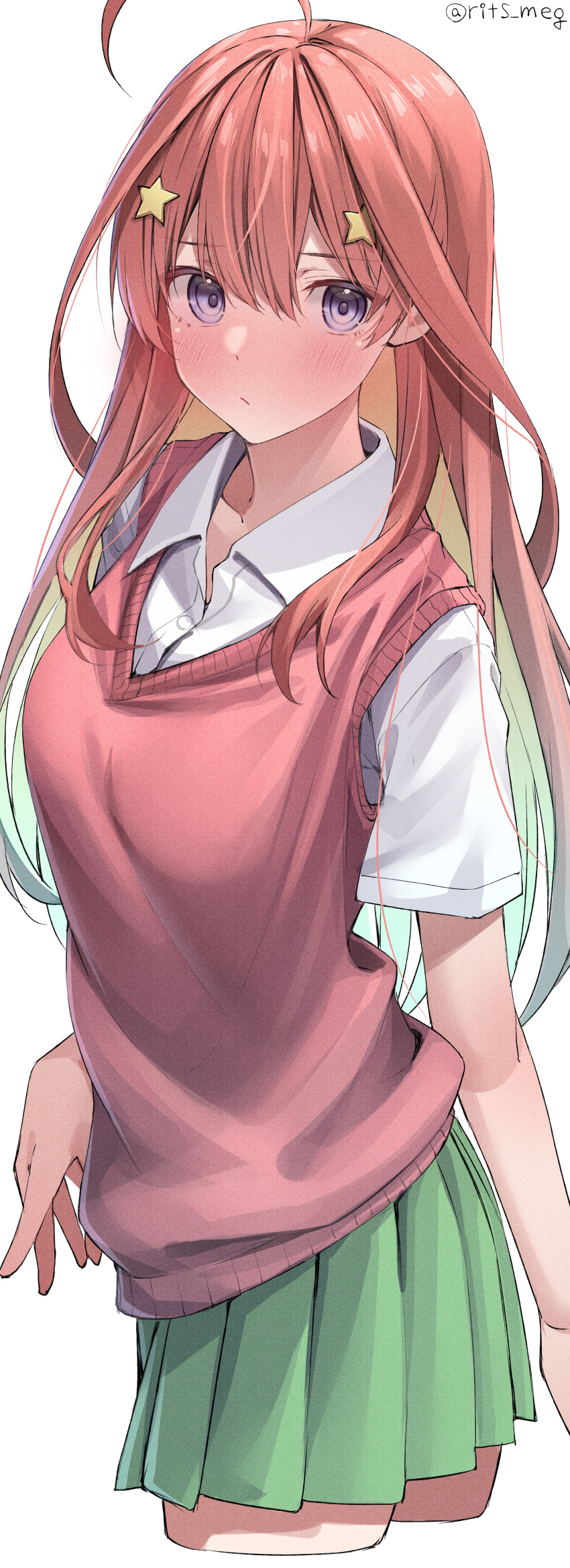 1girl, absurdres, ahoge, cardigan, eyebrows_visible_through_hair, go-toubun_no_hanayome, green_skirt, hair_ornament