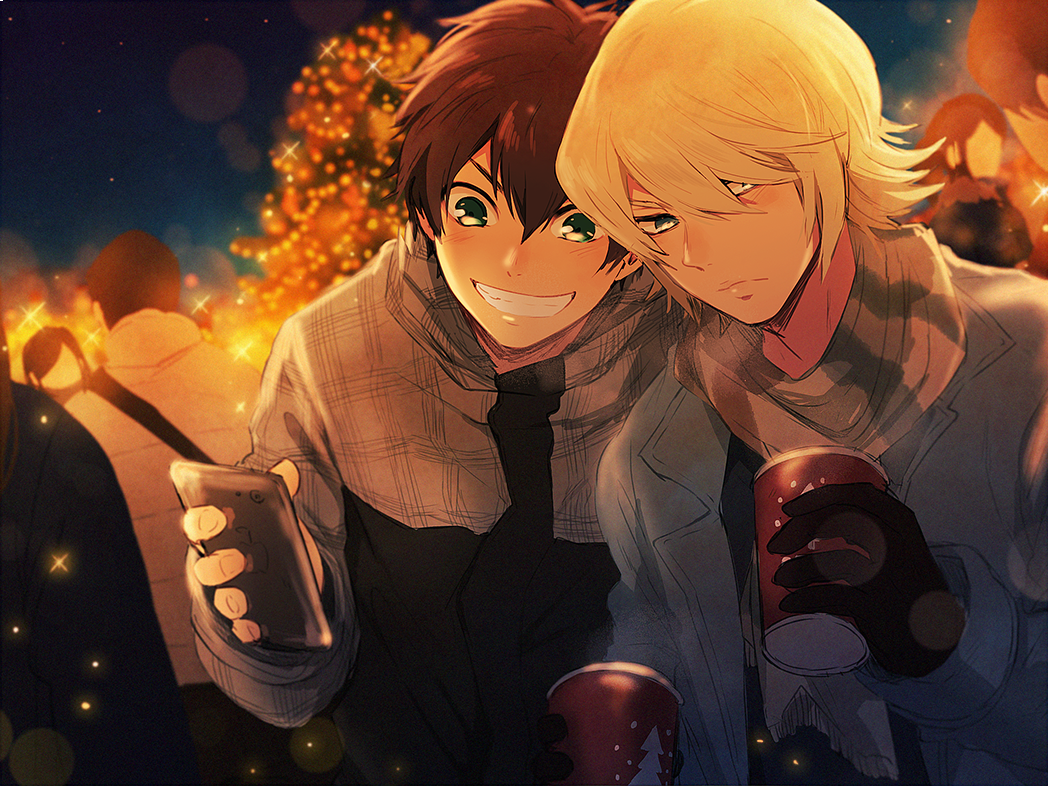 2boys, ace_of_diamond, blonde_hair, blue_eyes, blush, brown_hair, christmas, christmas_tree