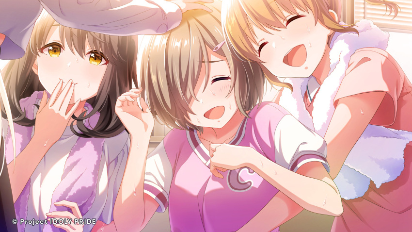 4girls, bangs, blonde_hair, blush, brown_hair, closed_eyes, covering_mouth, cygames