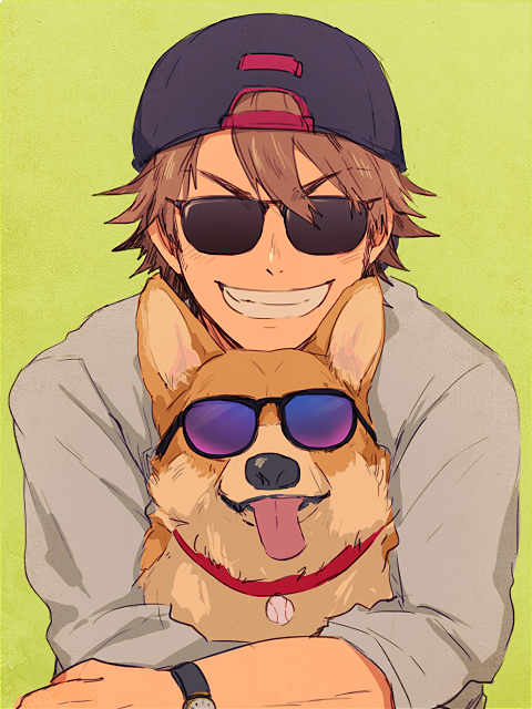1boy, ace_of_diamond, animal, backwards_hat, baseball_cap, brown_hair, dog, green_background, grey_shirt, grin, hat, male_focus, mamenoco, miyuki_kazuya, shirt, short_hair, smile, solo, sunglasses, teeth, upper_body, watch