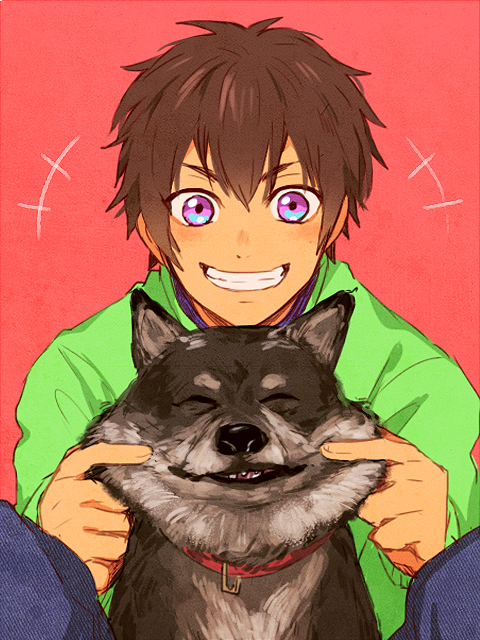 1boy, ace_of_diamond, black_dog, blue_pants, blush, brown_hair, dog, green_shirt, looking_at_viewer, male_focus, mamenoco, pants, red_background, sawamura_eijun, shiba_inu, shirt, short_hair, smile, solo, teeth
